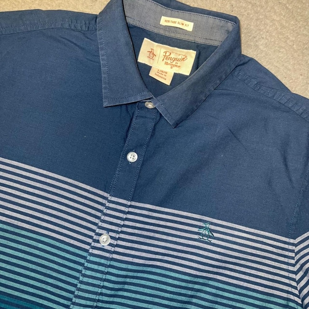 Original Penguin Shirt Men's Size L Blue Striped Heritage Slim Fit Button Down